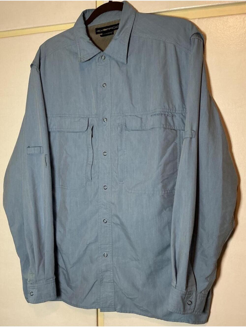 ExOfficio Men’s Size Large Button-Down Shirt Travel Hike Fish Casual Vented Blue